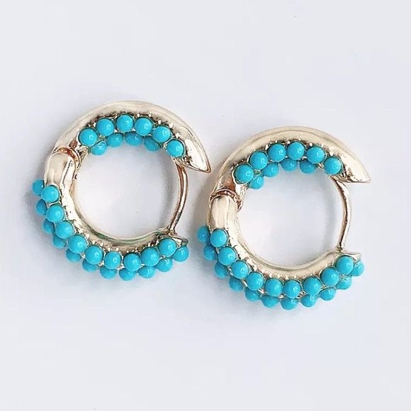 New! Gold Turquoise Bead Huggie Earrings - Picture 2 of 8